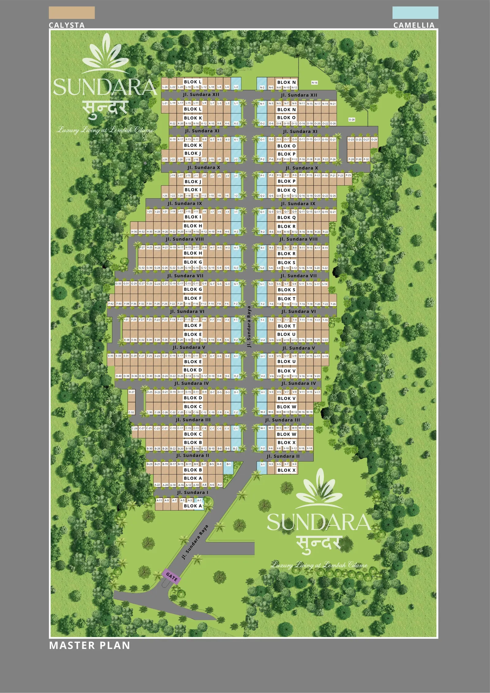 Master plan kawasan Sundara Residence: blok A sampai X, jalan Sundara Raya, dan posisi gerbang