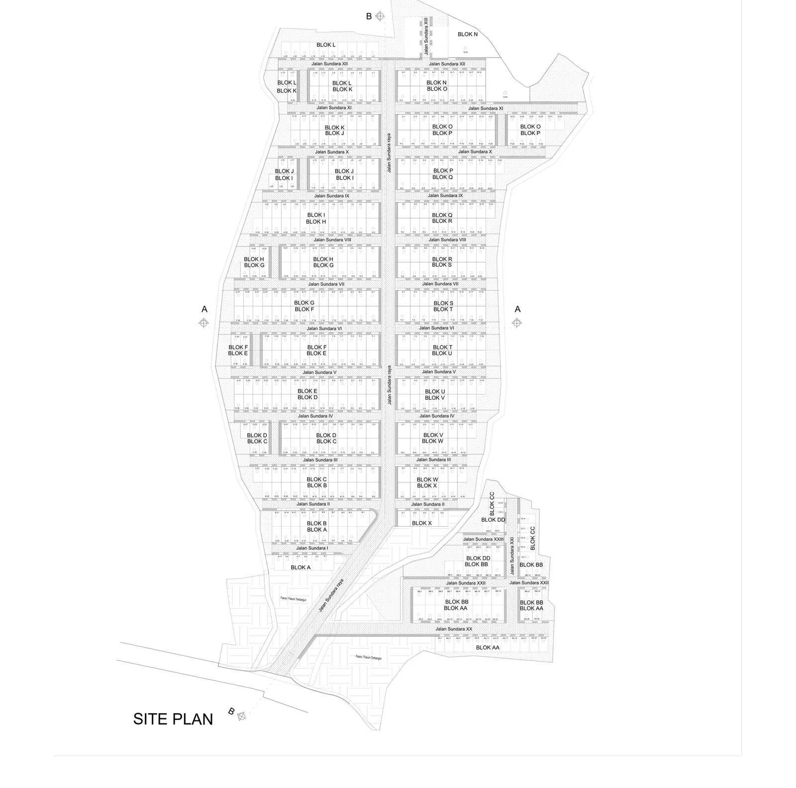 Site plan teknis 2D kawasan Sundara Residence dengan nomor kavling per blok